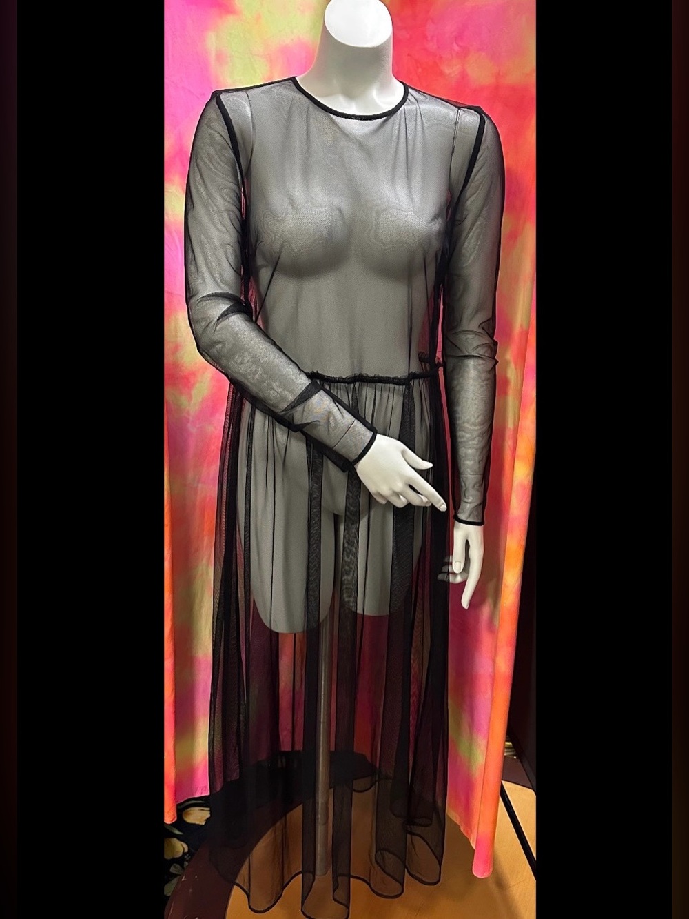 Black Sheer Mesh Long Sleeve Maxi Dress Overlay Witchy Whimsigoth Fairy Grunge